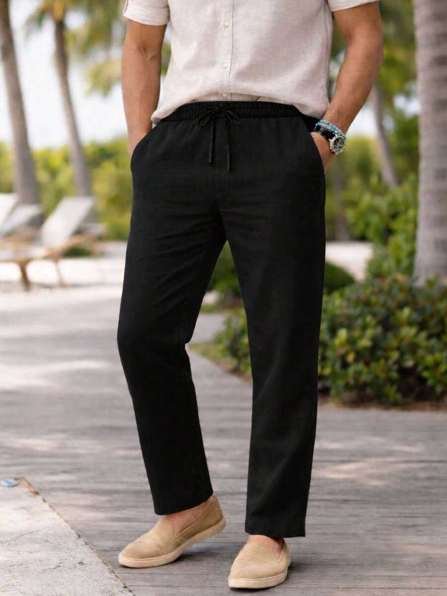 Men's Linen Trousers With Adjustable Waist And Drawstring, Casual And Stylish. - Black - View 1