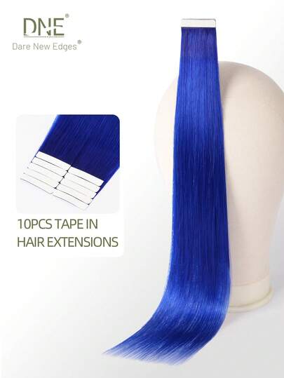 DNE HAIR Pcs Tape In 100% Human Hair Extensions Blue Color 25g 18inch Silky Seamless Invisible Highlight Colorful Hairpieces Rainbow Hair Extension Top Quality Thick Ends Healthy Human Hair Extensions Invisible Tape In For Womean/Girls