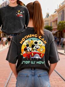 This Disney Women's T-Shirt Features A Creative Mickey Mouse And His Friends Letter And Cartoon Print. It's A Spring/Summer Style Crew Neck Retro Washed Cotton T-Shirt, Made Of Soft And Comfortable Pure Cotton Fabric, Suitable For Everyday Wear, Shopping, Travel, And Casual Occasions. It Also Makes A Wonderful Gift. - 黑色 - 查看 1