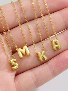 1pc Gold Tone 3D Bubble Letter Pendant Necklace, Cute Balloon A-Z Initial Alphabet Charm Chain, Y2K Aesthetic Jewelry For Women - Yellow Gold - View 2