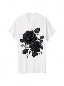 Elegante t-shirt nera da donna con stampa floreale: morbida, a maniche corte e con scollo rotondo, questa maglietta casual e traspirante presenta un delicato motivo a rose. Ideale per la primavera e l'estate. 100% cotone. - Bianco - Visualizzare 1