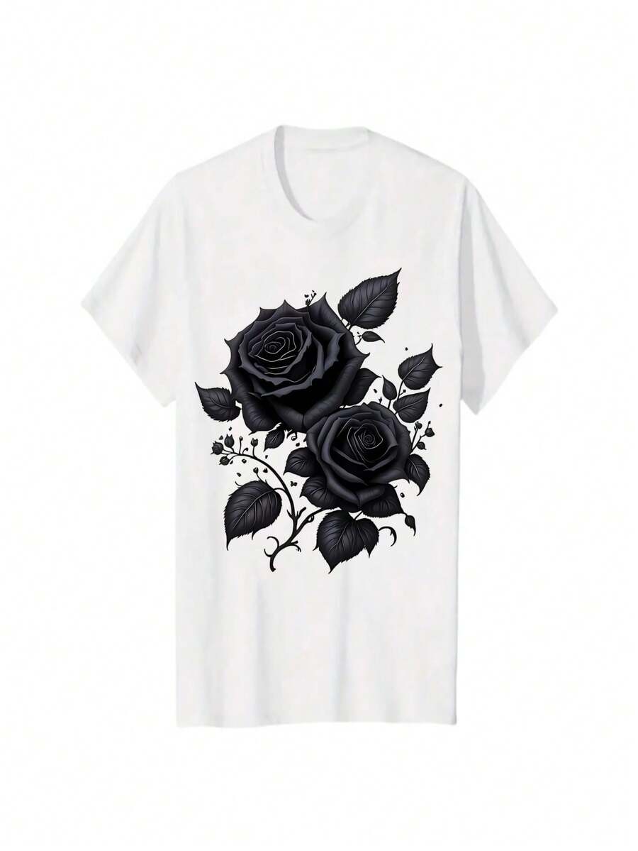 Elegante t-shirt nera da donna con stampa floreale: morbida, a maniche corte e con scollo rotondo, questa maglietta casual e traspirante presenta un delicato motivo a rose. Ideale per la primavera e l'estate. 100% cotone. - Bianco - Visualizzare 1