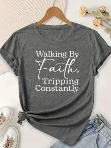 Plus-Size Women's-Shirt, Printed With Bible Verse Walk By Faith, Often Stumble - Christian Faith Apparel, Short-Sleeved, Round-Neck, Casual Wear BHOK - 深灰色 - 查看 1