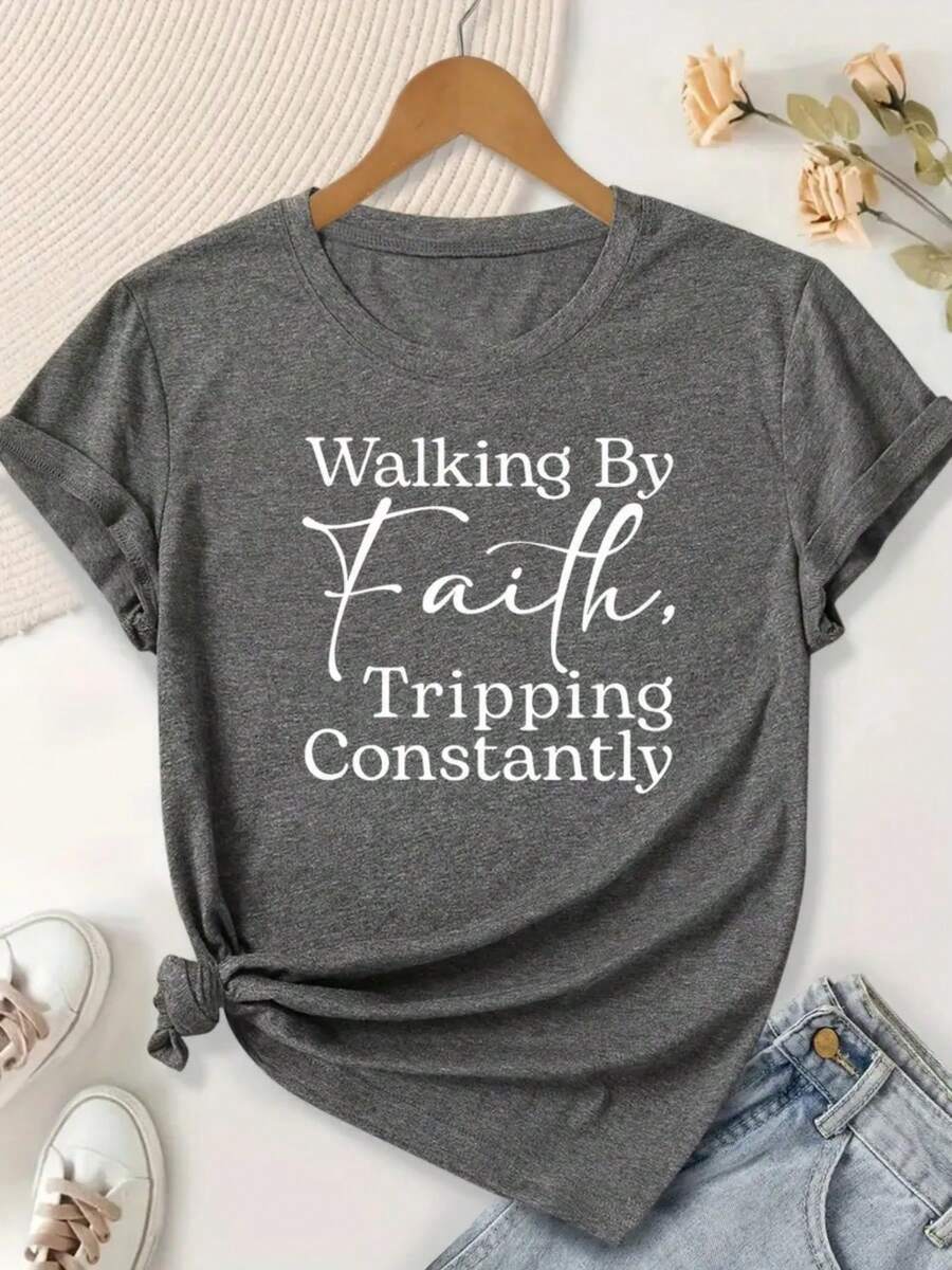 Plus-Size Women's-Shirt, Printed With Bible Verse Walk By Faith, Often Stumble - Christian Faith Apparel, Short-Sleeved, Round-Neck, Casual Wear BHOK - 深灰色 - 查看 1