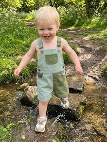 Mono corto para niños y niñas, mono de verano con bonitos colores contrastantes y bolsillos para uso diario informal. - Verde - Ver 5