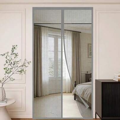 1pc Summer Magnetic Mesh Door Curtain, Fashionable Fiberglass Net Grey Mosquito-Proof Breathable Screen Door, Durable Anti-Cat Scratch & Dog Bite Mesh Door Curtain, Suitable For Multiple Scenarios, Available In Multiple Sizes