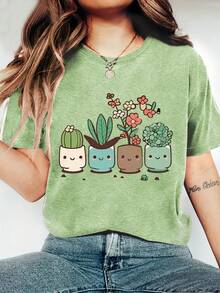 Women's Summer Clothing Plant Nature Cute Cartoon Potted Plant Print Round Neck One-Piece Summer Short Sleeve T-Shirt Comfortable Soft Fashion Elegant Retro Casual Versatile Spring Summer Autumn Winter Sports Style Top Multiple Colors Available S-XXL - 草綠色 - 查看 1