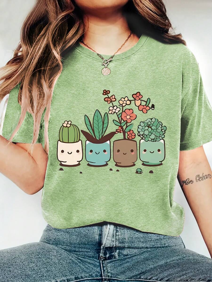Women's Summer Clothing Plant Nature Cute Cartoon Potted Plant Print Round Neck One-Piece Summer Short Sleeve T-Shirt Comfortable Soft Fashion Elegant Retro Casual Versatile Spring Summer Autumn Winter Sports Style Top Multiple Colors Available S-XXL - 草綠色 - 查看 1