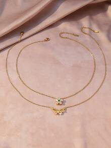 Hihho 2pcs Gold Double-Layer Zirconia Stone Necklace Set, Luxury Layered Choker Necklace With Flower/Butterfly Pendant, Sparkling Necklace Shining Like Blooming Flowers And Dancing Butterflies - Necklace Set - View 4