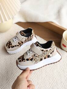 女童厚底豹纹亮片魔术贴休闲运动鞋，适合春秋季穿着 - 米色 - 查看 2