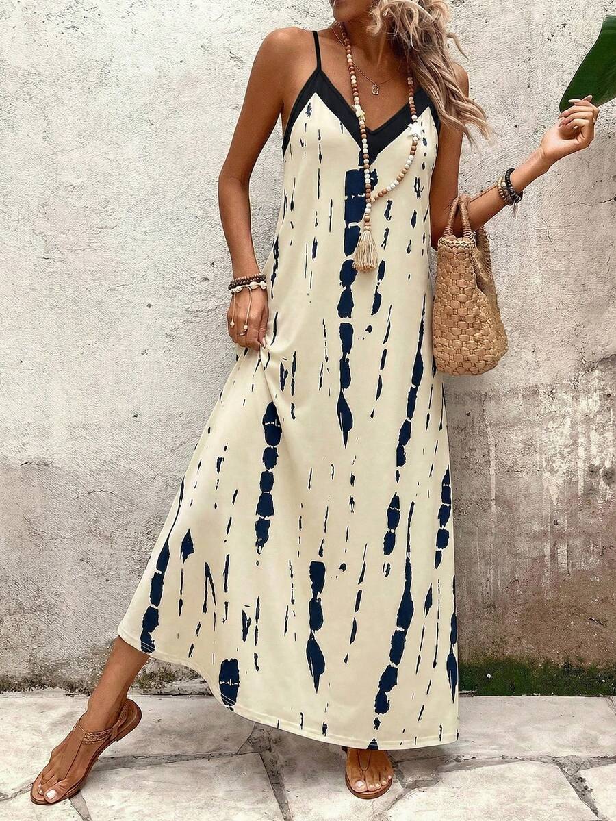 Đầm dự tiệc mùa hè 2026 kiểu dáng mới, cổ chữ V, hở lưng, in họa tiết mực loang nghệ thuật, tôn dáng, thanh lịch theo phong cách châu Âu và Mỹ, thích hợp cho kỳ nghỉ biển. - Màu be - Xem 1