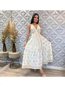 Elegant White Women's Long Silk  Print Dress - 黑與白 - 查看 1