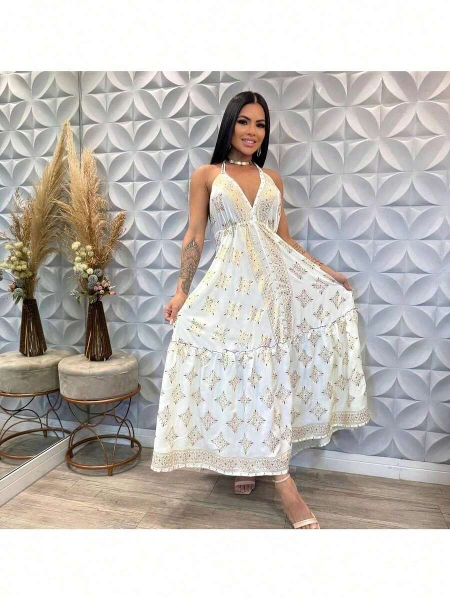 Elegant White Women's Long Silk Print Dress - 黑與白 - 查看 1