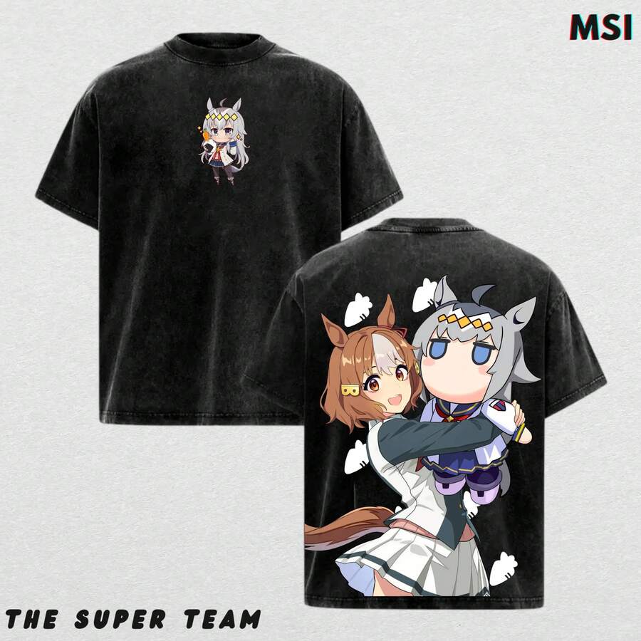 Special Week & Oguri Cap X Uma Musume – Racing Duo Graphic Tee Featuring Bold Back Art & Washed Oversized Fit For Otaku Merch Cotton Menswear - màu đen - Xem 1