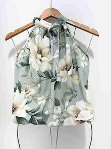 Blusa Feminina estilosa Floral gola alta - Verde Menta - Visão 3