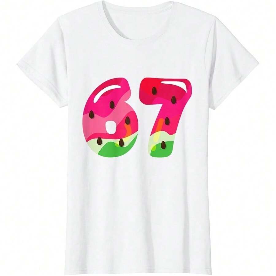 Watermelon 67 Meme Six Seven Slang 67th Birthday Ladies' Crewneck T-Shirt - 白色 - 查看 1