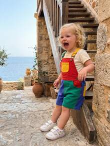 Kids Girls Boys Overall Shorts, Cute Contrast Color Summer Jumpsuit With Pockets For Casual Daily - Multicolor - View 3