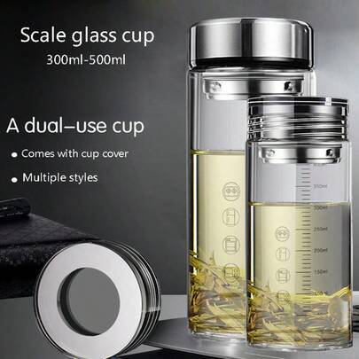 1pc Heat-Resistant Glass Water Cup, Portable For Car/Outdoor, With Scale, Milk Bottle, Crystal Filter, Hot/Cold Water, Tea/Coffee/Beer/Beverage Container, Measuring Cup