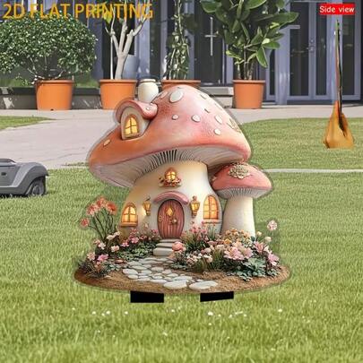Spring & Summer Limited Edition: 2D Flat Printing, One Whimsical Mushroom Garden Decor, Garden Decoration Ground Stake, Pink Polka Dots With Decorative Mushrooms And Flowers, Durable Acrylic Outdoor Lawn, Yard, Potted Plant Decor - Christmas, Wedding, Anniversary (No Power Needed), Yard Accent, Fairy Tale Style, Easy Installation