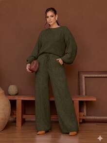 Women's Long-Sleeved Mousse Knit Set, Women's Winter Clothing, Tailored Pants - 軍綠色 - 查看 1