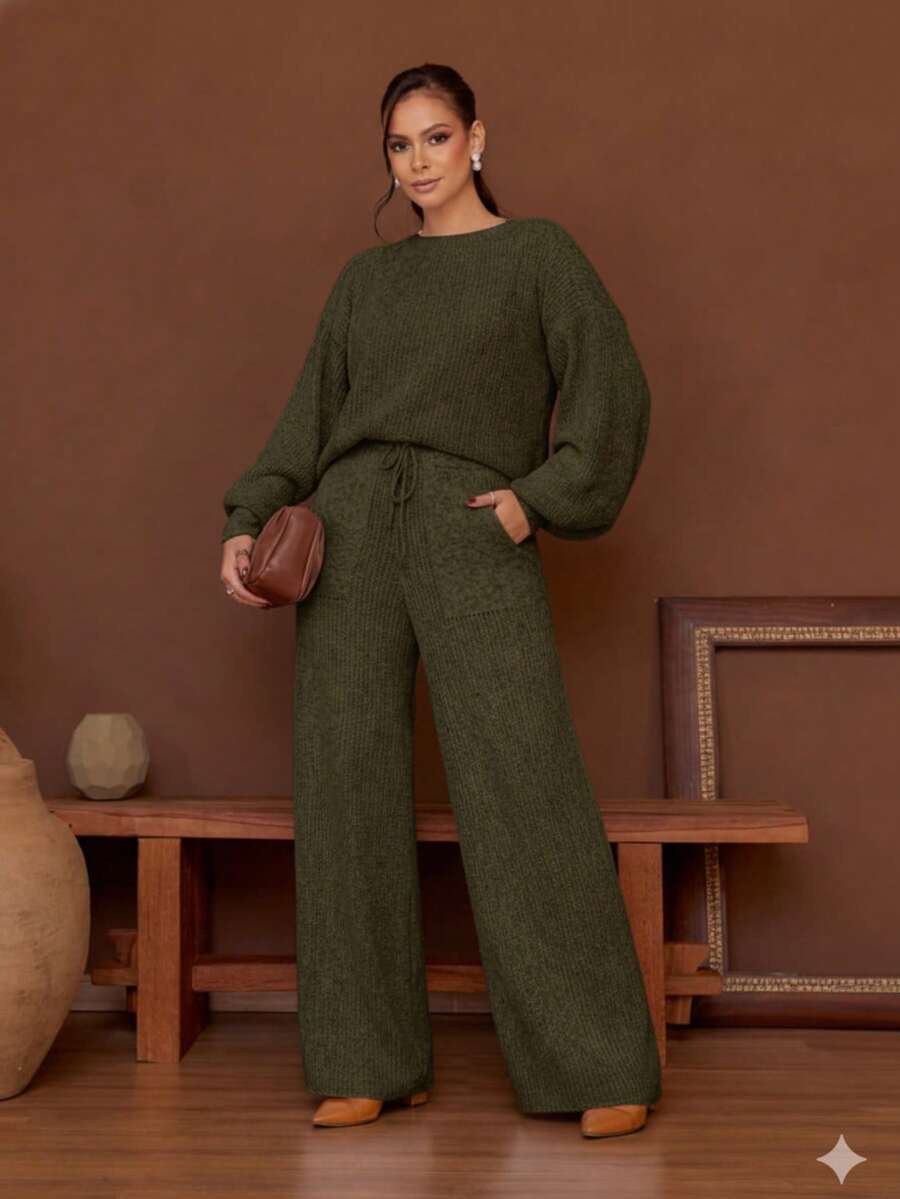 Women's Long-Sleeved Mousse Knit Set, Women's Winter Clothing, Tailored Pants - 軍綠色 - 查看 1