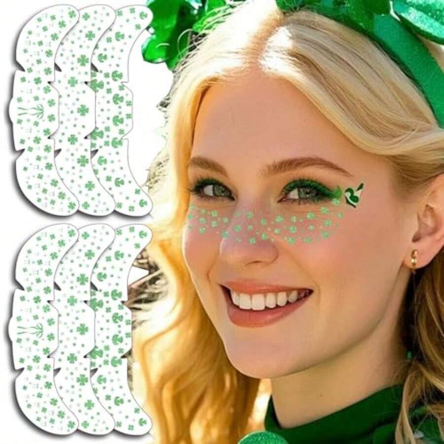 6 Pcs Shamrocks Freckles Temporary Glitter Tattoos For Women St Patricks Day Face Tattoo Stickers Green Makeup Tattoo St Patricks Day Accessories - 綠色 - 查看 1