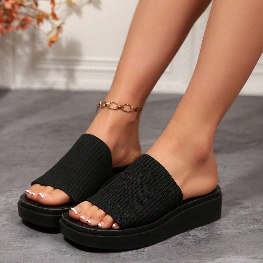 Women's Chunky Platform Sandals Slip On – Open Toe Knit Flatform Slides Comfortable Summer Casual Shoes - 黑色 - 查看 1