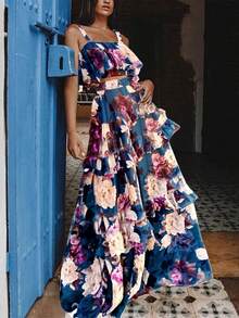 女士春夏波西米亚风沙滩度假印花吊带背心搭配松紧腰长裙两件套，荷叶边吊带背心和长裙波西米亚休闲套装，沙滩裙 - 中等水洗藍 - 查看 1