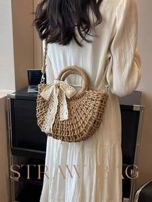 [US-Based Shipping]Leisure Handbag Crossbody Bag,Bohemian Lace Bow Straw Crossbody Bag For Women – Hollow Woven Rattan Handbag With Top Handle, Summer Beach Tote Purse, Vintage Lace Decor Shoulder Bag Perfect For Vacation, Beach Trips And Daily Outings, Boho Chic Mini Basket Bag,Summer,Women Bags For Vacation,Holiday, Straw Purse, Straw Beach Bag, Beach Necessities, Beach Essentials,Beach Stuff & Summer Essentials, Fashionable Vacation Bag For Summer - 卡其色 - 查看 11