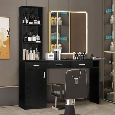 Salon Station For Hair Stylist, Salon Wall Station With Barber Cabinet, Hair Stations Equipment Hair Dryer Holder, Drawers, Wall Mount Barber Beauty Station, Mirror Not Included, Black/ White/ Pink