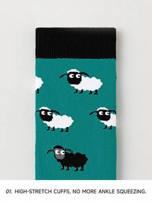 1双男士绿色卡通可爱绵羊图案个性化艺术设计透气船袜，适合旅行、居家、办公、节日礼物 - 彩色 - 查看 4