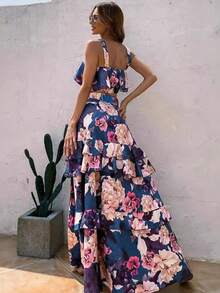 女士春夏波西米亚风沙滩度假印花吊带背心搭配松紧腰长裙两件套，荷叶边吊带背心和长裙波西米亚休闲套装，沙滩裙 - 中等水洗藍 - 查看 10