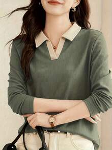 2025 新款秋季女式 Polo 领长袖 T 恤，时尚外套套头衫 - 軍綠色 - 查看 3