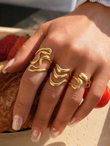 Frminee 3pcs/Set Fashionable, Minimalist, Elegant, Unique 18K Gold Plated Stainless Steel Geometric Ring Set, Everyday Jewelry And Gift For Women - Gold Style 3 - View 5