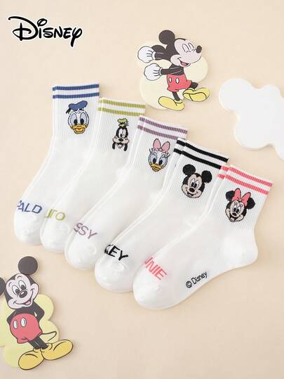 Disney 5双迪士尼袜子，图案包括米奇、米妮、黛丝，条纹和字母图案，趣味卡通中筒袜，适合所有季节，欧美尺码，舒适透气，经久耐穿，色彩鲜艳，日常穿着理想之选，优质面料，不闷热。