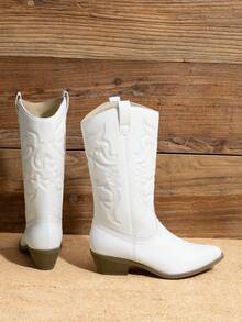 Women's Cowboy Boots Pointed Toe Pull On Cowgirl Boots Wide Calf Chunky Low Heel Embroidery Comfortable Western Boots Outfit For Ladies Spring Summer - trắng - Xem 6
