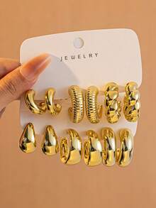 Set de 6-12 piezas de pendientes con forma de gota de agua en forma de C, adecuados para uso diario, fiestas y vacaciones - Dorado - Ver 1