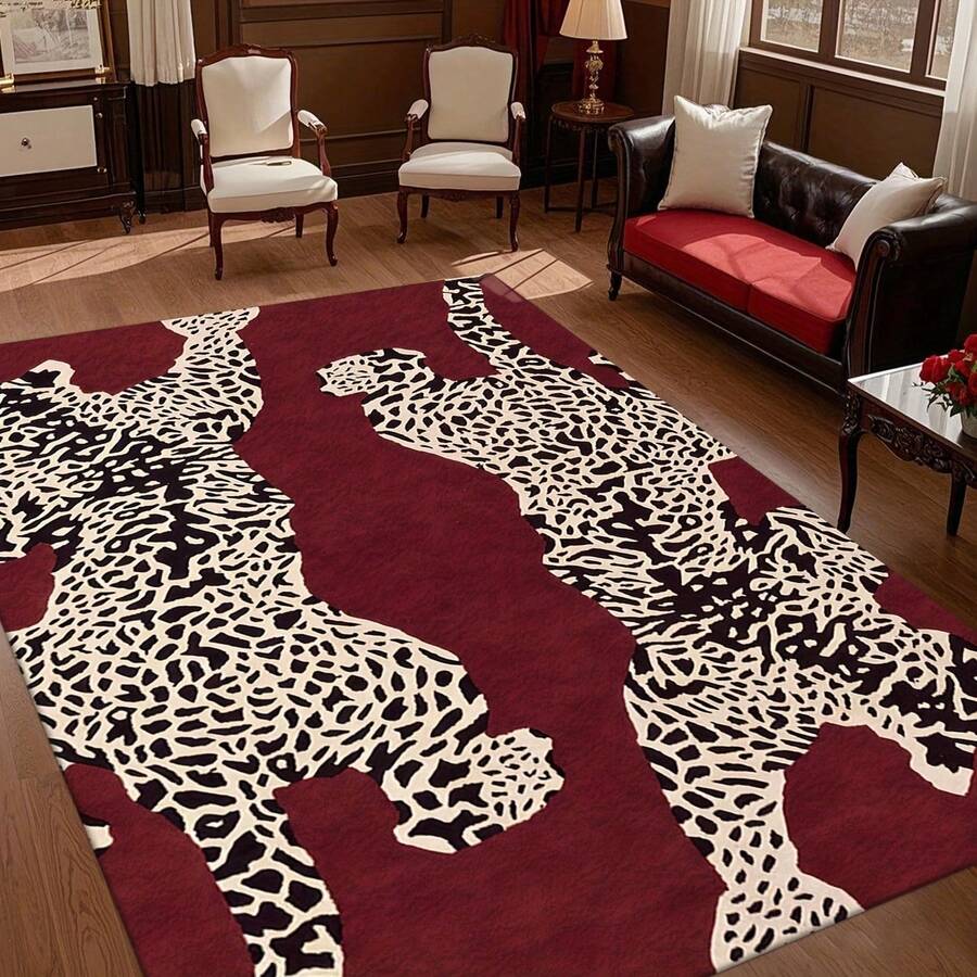 1pc Leopard Print Rug, Red Lips Rug, Pop Art Rug, Bold Statement Area Rug, Funky Living Room Decor, Animal Print Rug, Glamorous Home Rug, 84*60inch,Perfect Choice For Christmas ,Stylish And High-Quality Rugs, Perfect For Christmas Decorations And GiftsHome Decor, The Best Choice For Gothic-Style Birthday Gifts - 彩色 - 查看 1