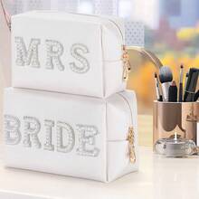 Bridal Makeup Bag, Etercycle Bridal Gift Sparkling Pearl Letter Rhinestone Embellished Makeup Bag, Waterproof PU Travel Toiletry Bag Suitable For Bachelorette Party, Bride, Wedding (Silver) - BRIDE - View 2