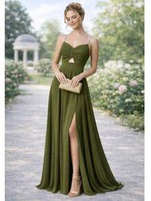 Bridesmaid Dress With Princess Style, Rhinestone Straps, Cheap, Flowing, And No Shine - 橄欖綠 - 查看 1