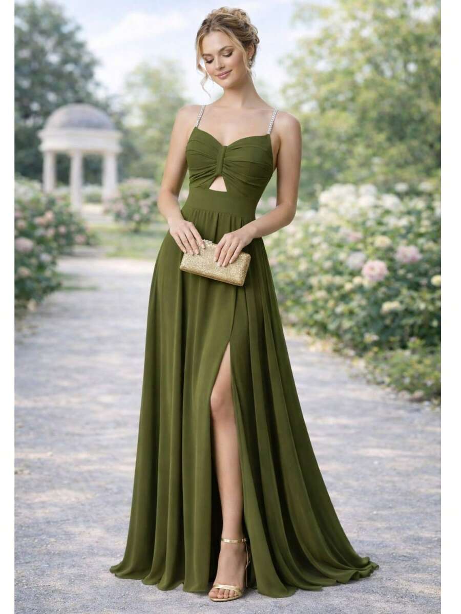 Bridesmaid Dress With Princess Style, Rhinestone Straps, Cheap, Flowing, And No Shine - 橄欖綠 - 查看 1