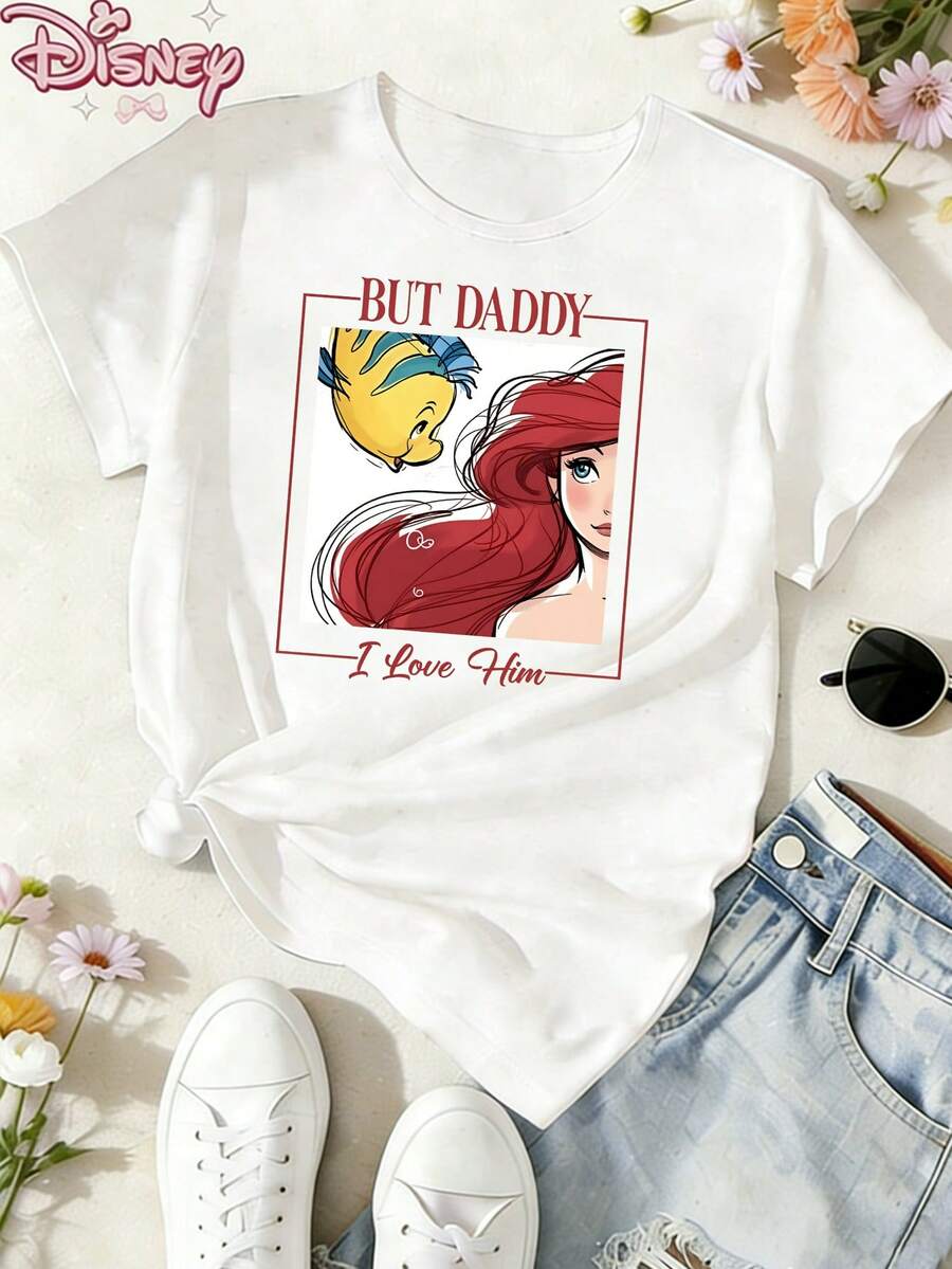 Disney T-Shirt,Disney Ladies T-Shirt Featuring Classic Disney Ariel Princesses Lettered Patterns, Made Of Soft, Comfortable And Durable Fabric. A Spring/Summer Round-Neck Short-Sleeved T-Shirt, Suitable For Daily Wear, Shopping, Traveling,St. Patrick's Day And Party Outfits. Also A Wonderful Gift,Multiple Colors Are Available For Selection. - White - View 1