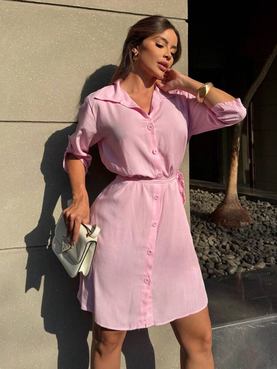 Button-Down Shirt Dress With Sash. - Rosa Pálido - Ver 1