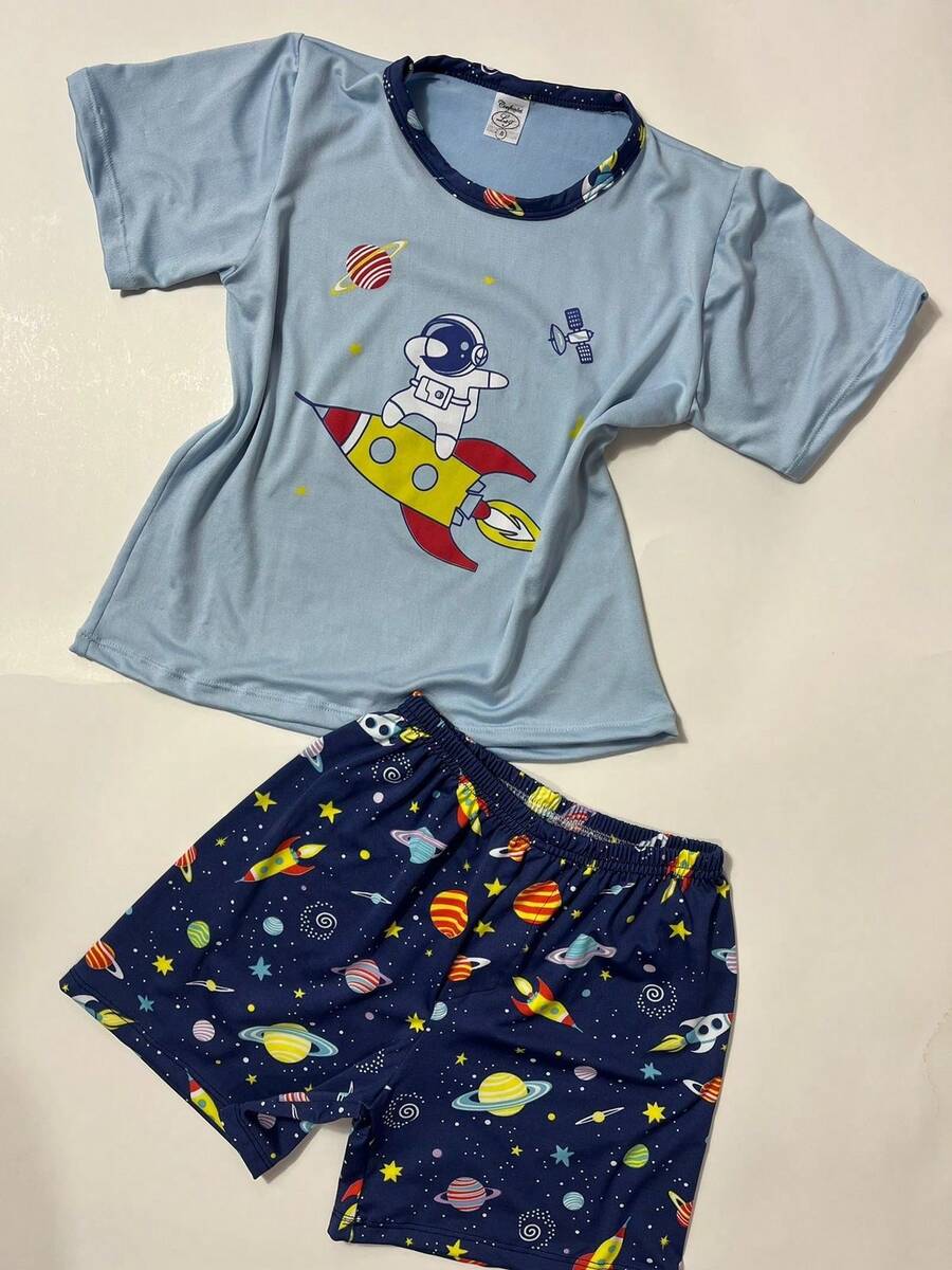 Boys' Astronaut Pajamas, Suede, Short Sleeves And Shorts, Summer - Baby Blue - View 1