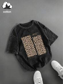 Women's Casual Vintage Washed T-Shirt, Leopard Print Patchwork Numeric Logo Decor Round Neck Short Sleeve Loose Tee, Suitable For Outings, Summer, Vacation, Plus Size Black - Black - View 3