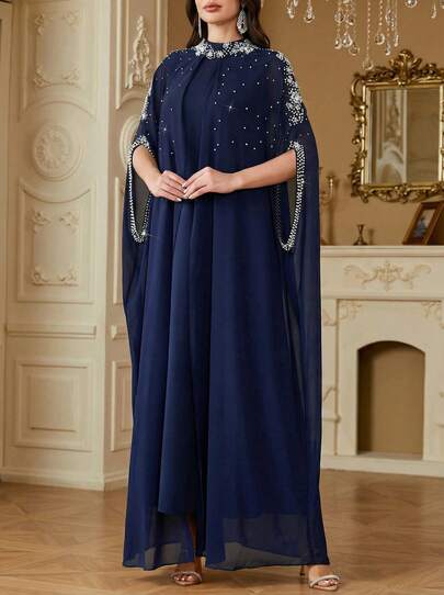 Solessence Đầm voan hở trước 2 trong 1 cổ đứng màu trơn dành cho nữ, thêu, đính kim sa và hạt cườm, đầm dài phong cách Ả Rập thanh lịch cho tiệc tối, mặc hàng ngày và nhiều dịp khác