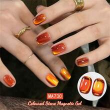 MEET ACROSS 1pc 7ml Jelly Colored Stone Cat Eye Gel Nail Polish, Gold Light Ultral Shine Gradient Magnetic Semi Permanent Soak Off UV Gel Varnish For Summer Nails, Manicure Nail Art Degign For Home And Salon Nail Supplies - 亮橙色 - 查看 2