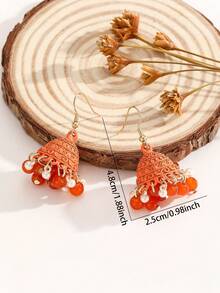 1 Pair Bohemian Style Painted Effect Jhumka Earrings With Round Beads And Tassel, Cute & Versatile Jhumki Earrings Suitable For Women & Girls, Daily Wear, Festivals, Weddings And Parties/Jewelry Gift - Jhumka - View 3