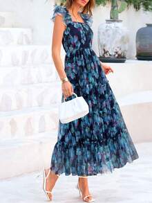 Women's Summer Mid-Length Dress Casual Sleeveless Pleats Ruffled Tulle Flowing New Year Party Wedding Guest Graduation Sundress - 藏藍底藍花 - 查看 1