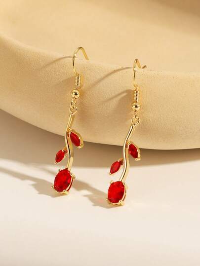  1 Pair (2pcs) Elegant Leaf & Rose Flower Colorful Shiny Zirconia Leaf Earrings, Golden Eternal Love Energy Jewelry, Suitable For Women's Daily, Date, Wedding Bridesmaid Wear, Great Gift For Bride, Valentine's Day, Mother's Day